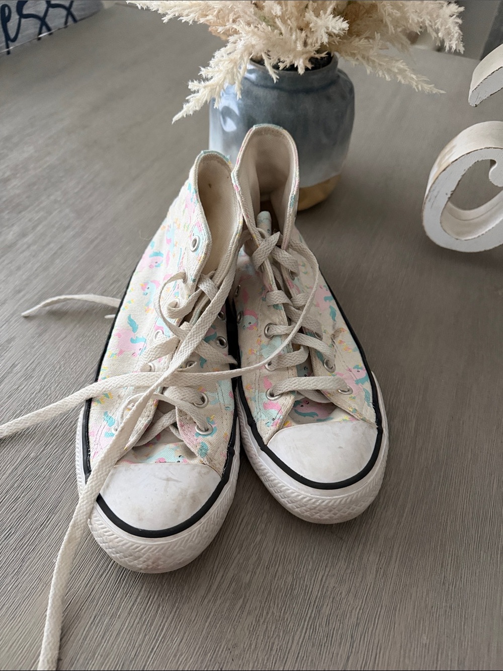 Converse Kids High-Top Sneakers in Cream with Pink & Blue Unicorns